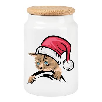 xmas cat cat icon cats christmas comic - Cookie Jar with Wooden Lid - white - Front