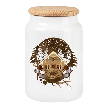 cozy lumberjack hut in the wintry forest - Cookie Jar with Wooden Lid - white - Front