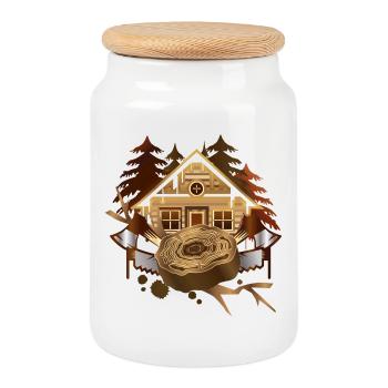 cozy lumberjack hut in the forest with axe & saw - Cookie Jar with Wooden Lid - white - Front