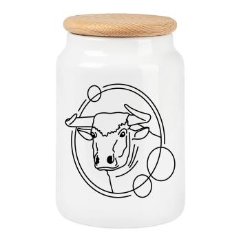 Bull in Geometric Shape - Line Art Design - Cookie Jar with Wooden Lid - white - Front