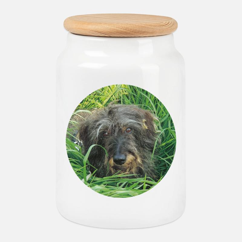 Cute wire-haired dachshund - wire-haired dachshund dachshund - Cookie Jar with Wooden Lid - white