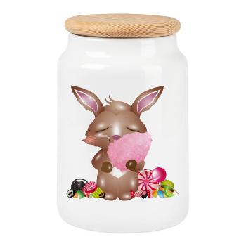 niedlicher Hase mit Zuckerwatte & Süßigkeiten - Keksdose mit Holzdeckel - Weiß - Vorne