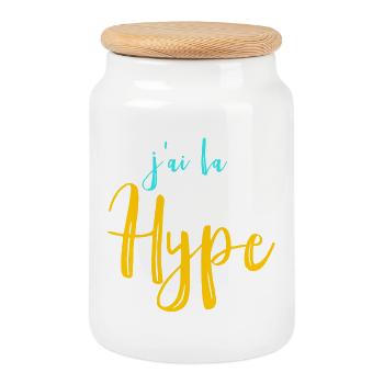 J'ailahype - blue yellow lettering - Cookie Jar with Wooden Lid - white - Front