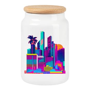 80s Skyline - Cookie Jar with Wooden Lid - white - Front