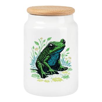Green Frog - Cookie Jar with Wooden Lid - white - Front