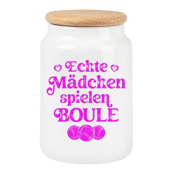 Echte Mädchen spielen Boule Bouler Boccia Spiel - Keksdose mit Holzdeckel - Weiß - Vorne