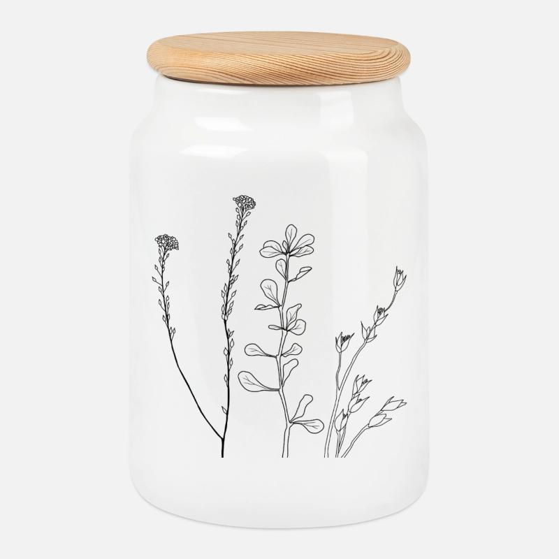 Art au trait floral - Boîte à biscuits avec couvercle en bois - blanc