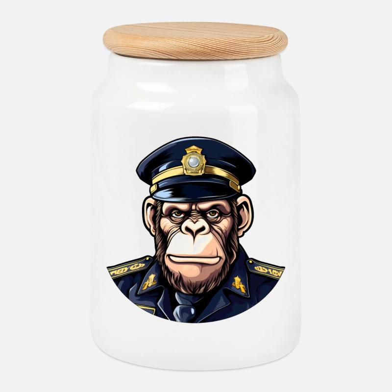 Chimpanzee Policeman - Cookie Jar with Wooden Lid - white