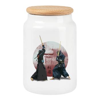 Shinobi Torii Duel - Japanischer Kendo Kampfsport - Keksdose mit Holzdeckel - Weiß - Vorne