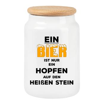 EIN Bier? Hopfen auf den heissen Stein - Wortwitz - Keksdose mit Holzdeckel - Weiß - Vorne