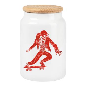 Red Skeleton on Skateboard - Cookie Jar with Wooden Lid - white - Front