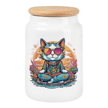 Chat hippie en voyage, humour peace and love - Boîte à biscuits avec couvercle en bois - blanc - Devant