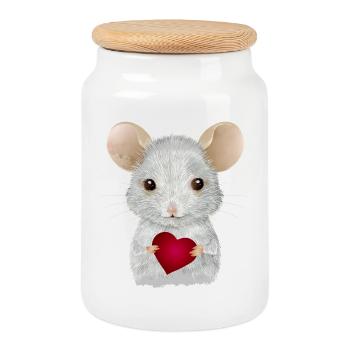 cute white mouse with heart for valentine's day - Cookie Jar with Wooden Lid - white - Front