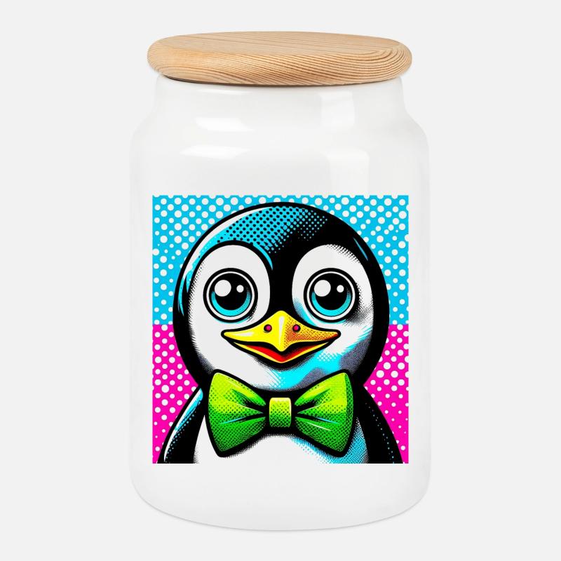 Pinguin mit Fliege Pop Art - Keksdose mit Holzdeckel - Weiß
