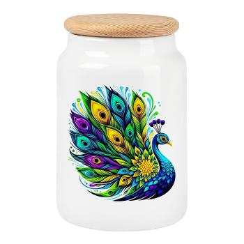 Paon - Boîte à biscuits avec couvercle en bois - blanc - Devant