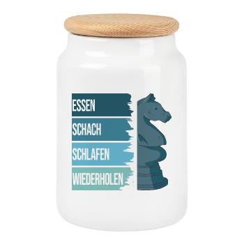 Essen, Schach, Schlafen, Wiederholen - Keksdose mit Holzdeckel - Weiß - Vorne