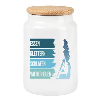 Essen, Klettern, Schlafen, Wiederholen - Keksdose mit Holzdeckel - Weiß - Vorne