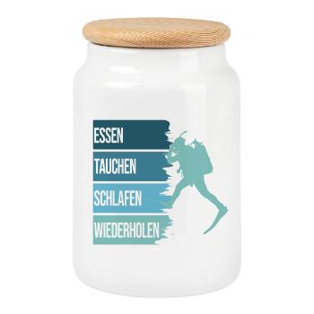 Essen, Tauchen, Schlafen, Wiederholen - Keksdose mit Holzdeckel - Weiß - Vorne