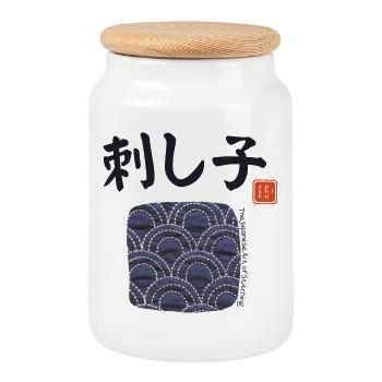 Sashiko - Broderie Japonaise - Broderie - Japon - Boîte à biscuits avec couvercle en bois - blanc - Devant