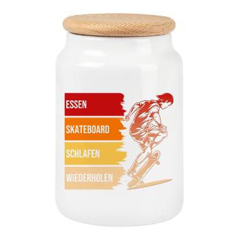 Essen, Skateboard, Schlafen, Wiederholen - Keksdose mit Holzdeckel - Weiß - Vorne