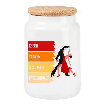 Essen, Tanzen, Schlafen, Wiederholen - Keksdose mit Holzdeckel - Weiß - Vorne