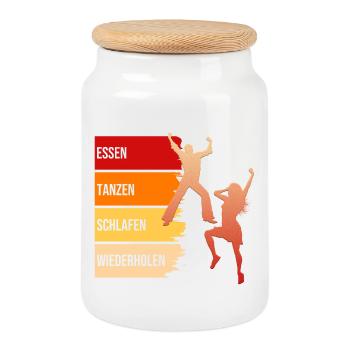 Essen, Tanzen, Schlafen, Wiederholen - Keksdose mit Holzdeckel - Weiß - Vorne