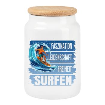 Faszination - Leidenschaft - Freiheit - Surfen - Keksdose mit Holzdeckel - Weiß - Vorne