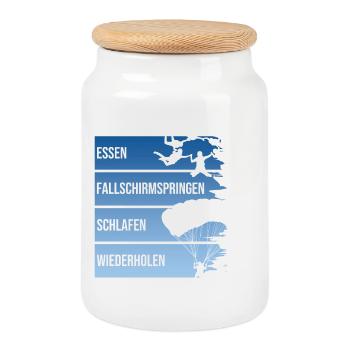 Essen - Fallschirmspringen - Schlafen -Wiederholen - Keksdose mit Holzdeckel - Weiß - Vorne