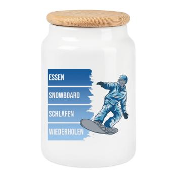 Essen - Snowboard - Schlafen - Wiederholen - Keksdose mit Holzdeckel - Weiß - Vorne
