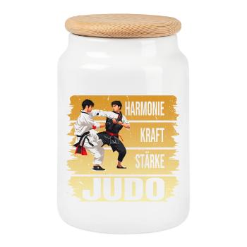 Harmonie - Kraft - Stärke - Judo - Keksdose mit Holzdeckel - Weiß - Vorne