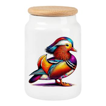Mandarin duck - Cookie Jar with Wooden Lid - white - Front