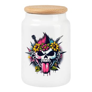Punk Rock Skull mit Gitarren & Blumen - Keksdose mit Holzdeckel - Weiß - Vorne