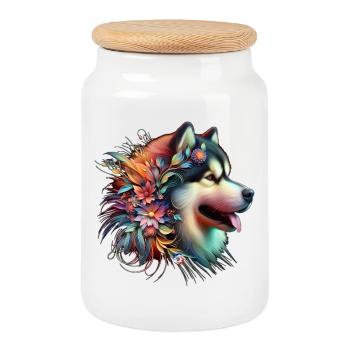 Tête de malamute floral - Boîte à biscuits avec couvercle en bois - blanc - Devant