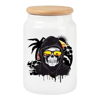 Skull,Skull,Skull with sunglasses on the beach - Cookie Jar with Wooden Lid - white - Front