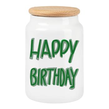 Lettrage vert joyeux anniversaire - Boîte à biscuits avec couvercle en bois - blanc - Devant