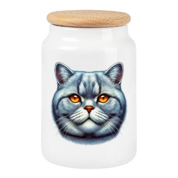 British Shorthair Cat - Cookie Jar with Wooden Lid - white - Front