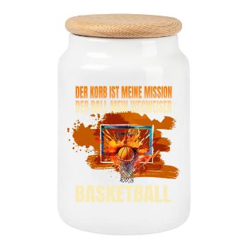 Der Korb ist meine Mission-Der Ball mein Wegweiser - Keksdose mit Holzdeckel - Weiß - Vorne