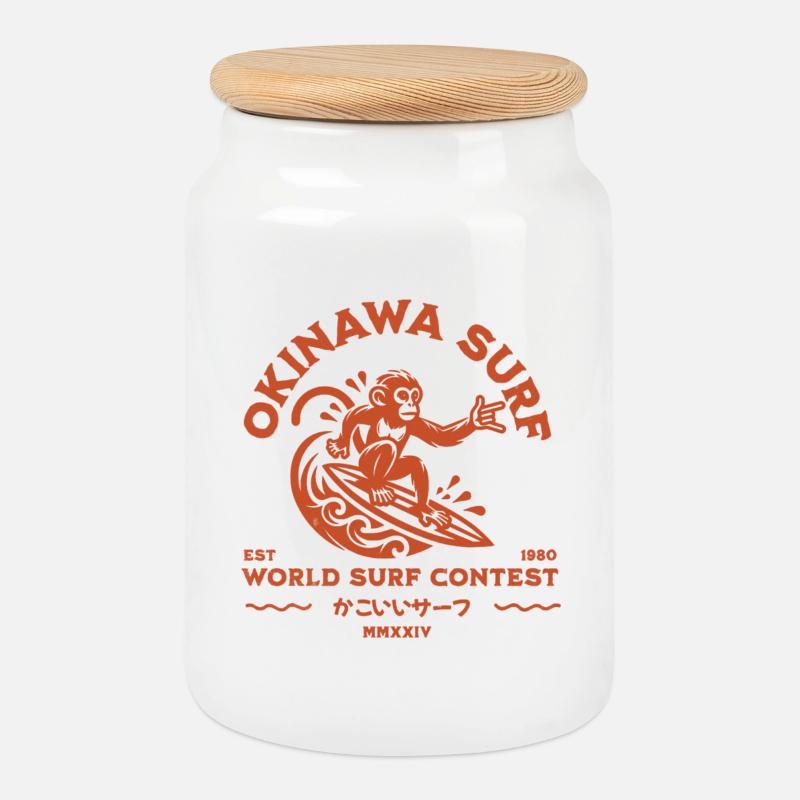 Okinawa Surf Monkey (kakoii surf) - Keksdose mit Holzdeckel - Weiß
