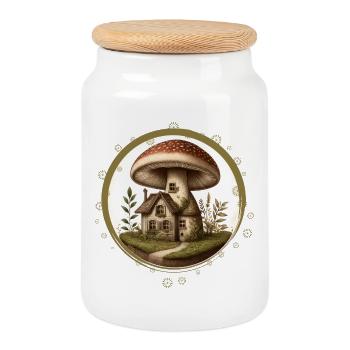 Conception d’un champignon comme une maison de conte de fées dans la forêt - Boîte à biscuits avec couvercle en bois - blanc - Devant