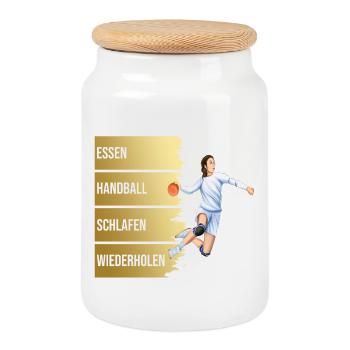 Essen - Handball - Schlafen - Wiederholen - Keksdose mit Holzdeckel - Weiß - Vorne