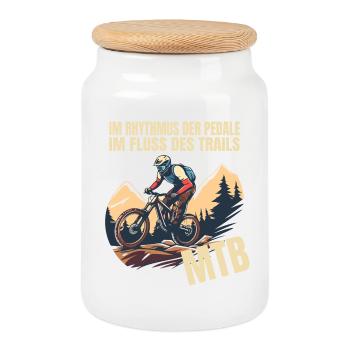 Im Rhythmus der Pedale - Im Fluss des Trails - Keksdose mit Holzdeckel - Weiß - Vorne