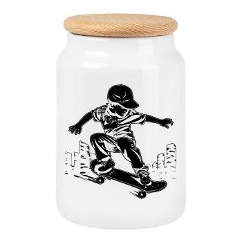 Skateboarding Boy - Cookie Jar with Wooden Lid - white - Front
