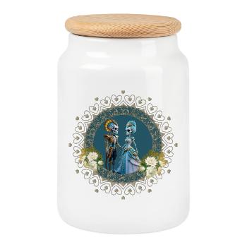 Das niedliche Skelett-Pärchen im Gothic-Stil - Keksdose mit Holzdeckel - Weiß - Vorne