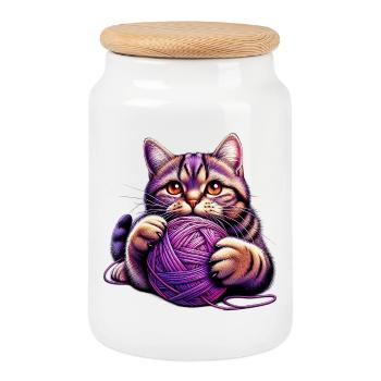 Cat plays with a ball of yarn - Cookie Jar with Wooden Lid - white - Front
