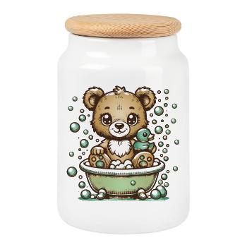 Cute cartoon bear in the bathtub - Cookie Jar with Wooden Lid - white - Front