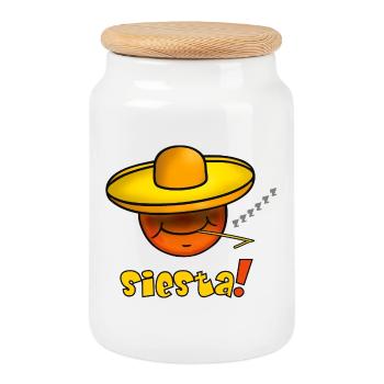 Siesta - Lustiges Emoticon mit Sombrero Hut  - Keksdose mit Holzdeckel - Weiß - Vorne
