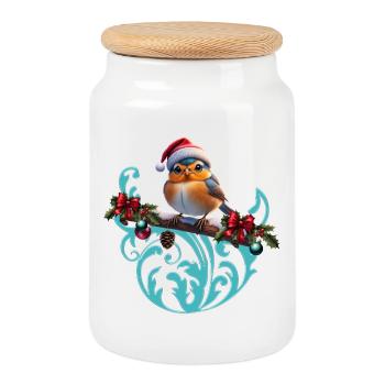 Cute Christmas bird sitting on a covered branch - Cookie Jar with Wooden Lid - white - Front