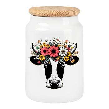 Vache avec des fleurs - Boîte à biscuits avec couvercle en bois - blanc - Devant