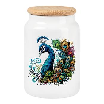 Peacock - Cookie Jar with Wooden Lid - white - Front