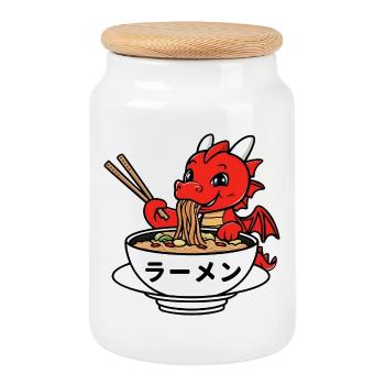 Dragon mignon appréciant les ramen japonais - Boîte à biscuits avec couvercle en bois - blanc - Devant